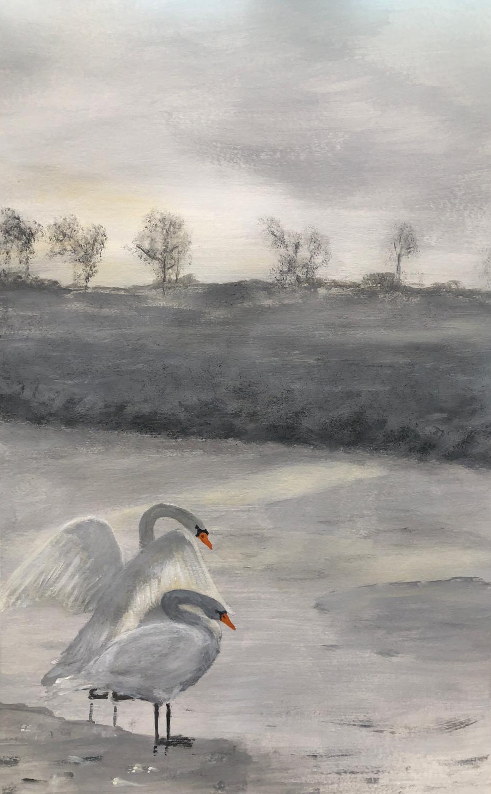 Schilderij met twee zwanen in grijs landschap